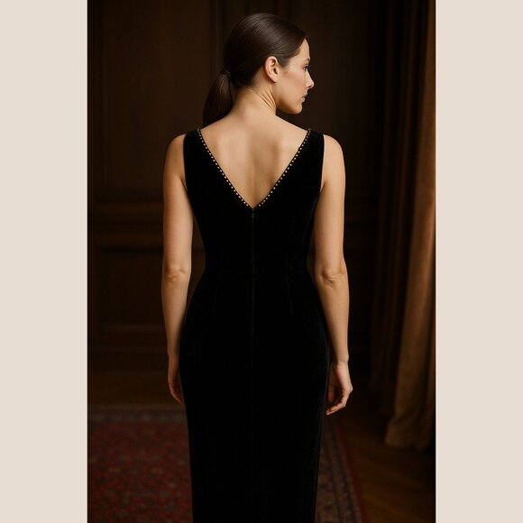 Embellished Black Velvet Gown w/ Floral Gemstones – Statement Dress (Small) - Picture 2 of 8